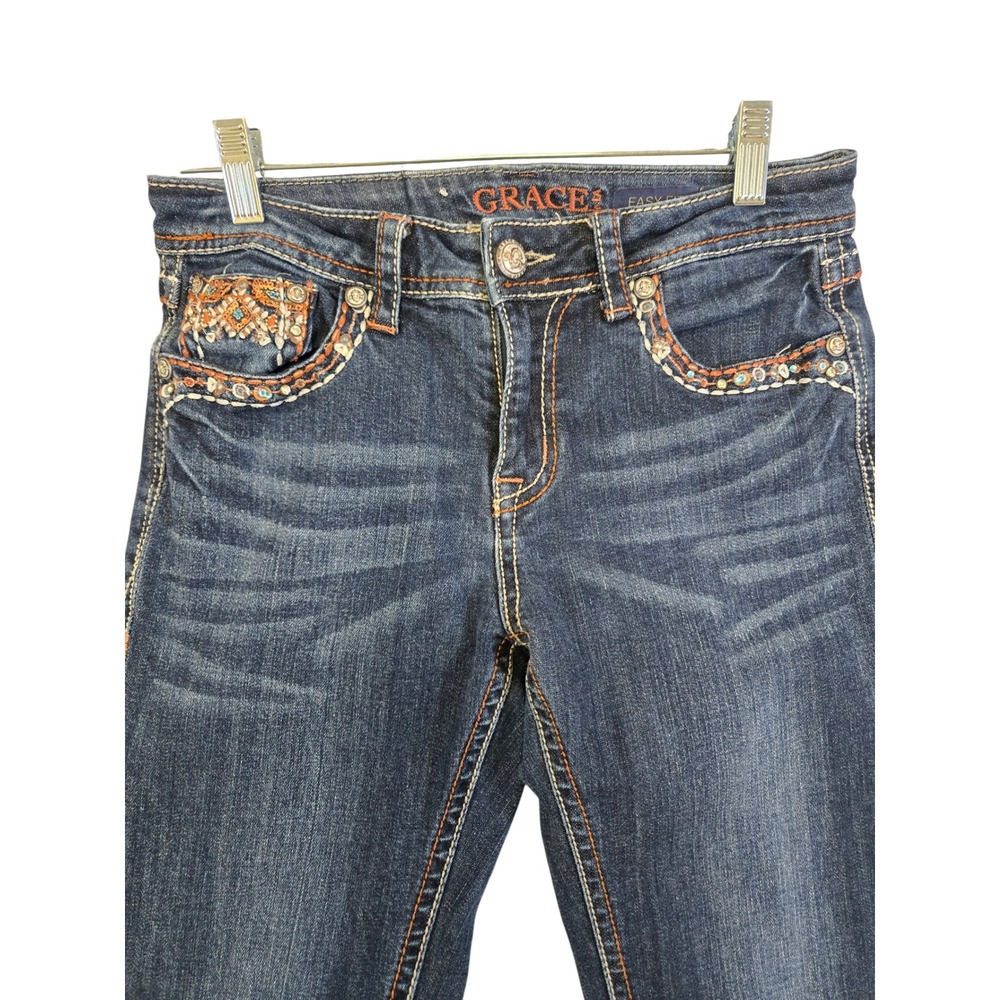 Grace in LA Easy Fit Womens 27 Dark Wash Bootcut Jeans Rhinestone Western